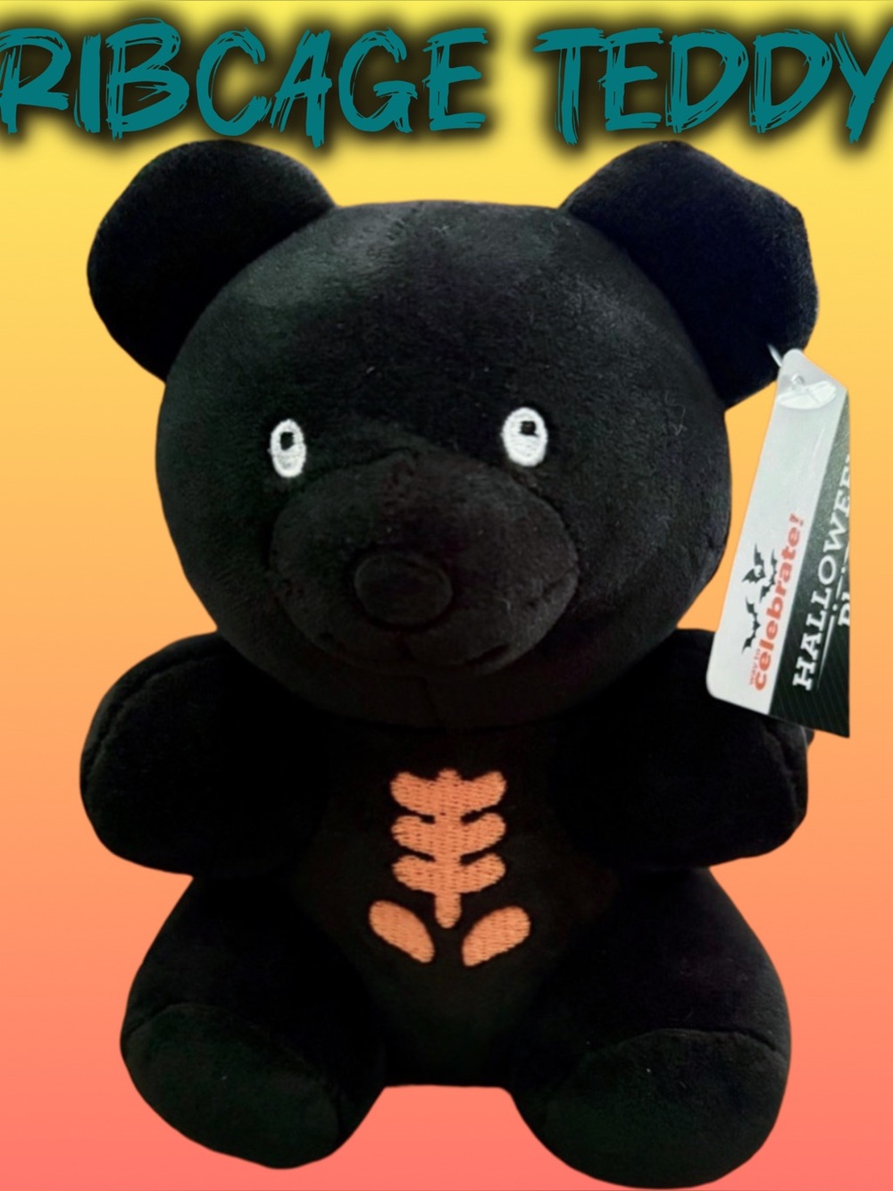 Ribcage Teddy Bear Plushie NEW Black and Orange Halloween Decor